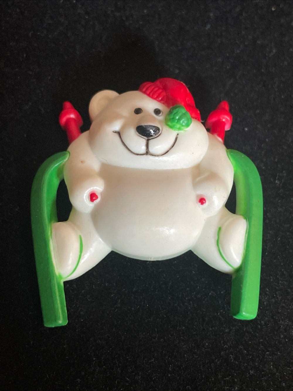 Russ White Bear Brooch with Red Hat and Green Skis
